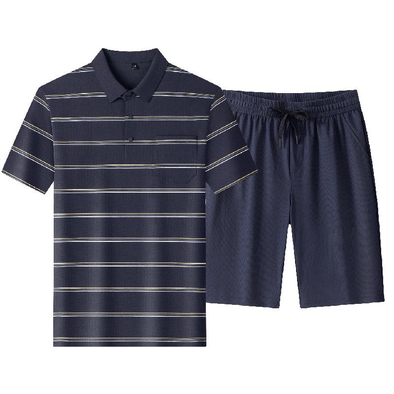 Men's High-End Summer Ice Silk Striped Polo and Shorts Set