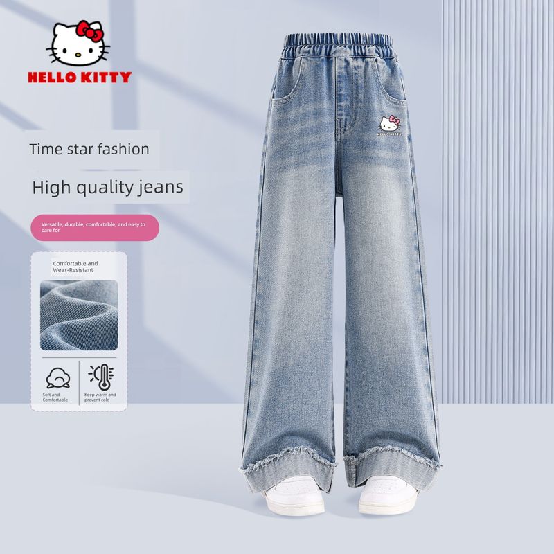 Hello Kitty Girls' Jeans Spring and Autumn 2026 New Children's Thin Pants Girls' Spring Long Pants