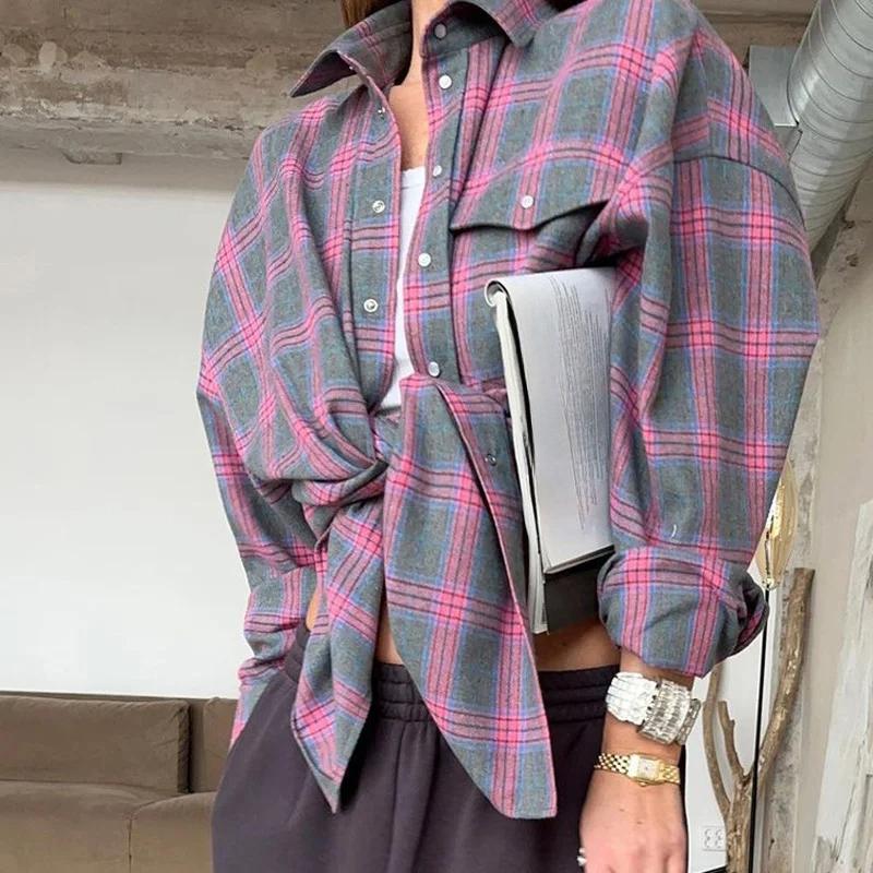 Kariertes Hemd Frühling Herbst Frauen Vintage Langarm Mode Lose Revers Tasche Hemd Fit Bluse Koreanischen Stil