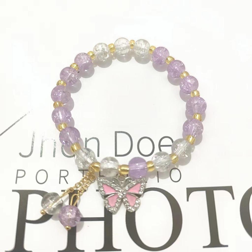 Forest Butterfly Glass Bracelet with Ice-Cracked Flower Beads