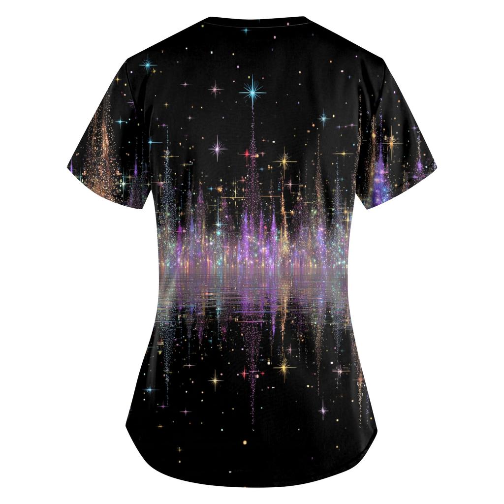 Women's Printing Uniform Work Uniform V-neck Pockets Basic Short Sleeve Pullover Top