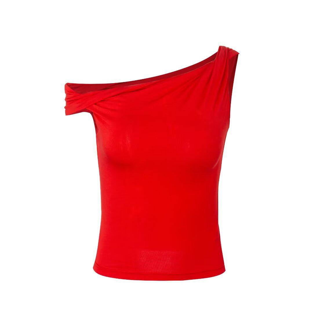 

Off-shoulder Pleated Elastic Vest T-Shirt: New Summer Style Small красный