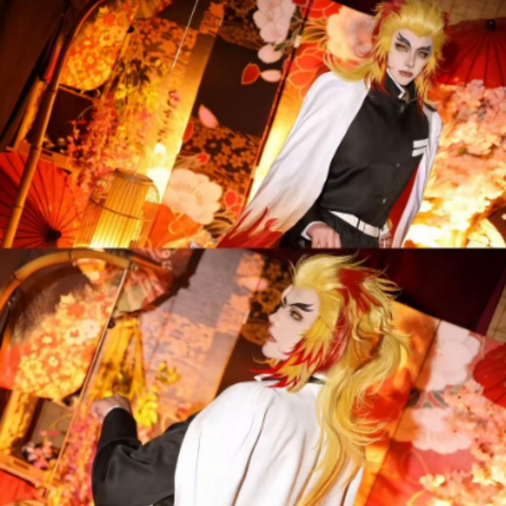 Anime Train Mugen Demon Slayer Rengoku Kyojuro Cosplay Costumes Kimetsu No Yaiba Robe Suits For Adult Kids Wigs Cos Outfit Party