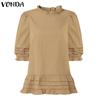 VONDA Women Casual Ruffled Round Neck Summer Short Puff Sleeve Pleating Blouse