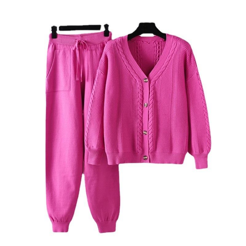 Large size women's clothing new autumn and winter knitted two-piece set twist cardigan solid color set sweater women
