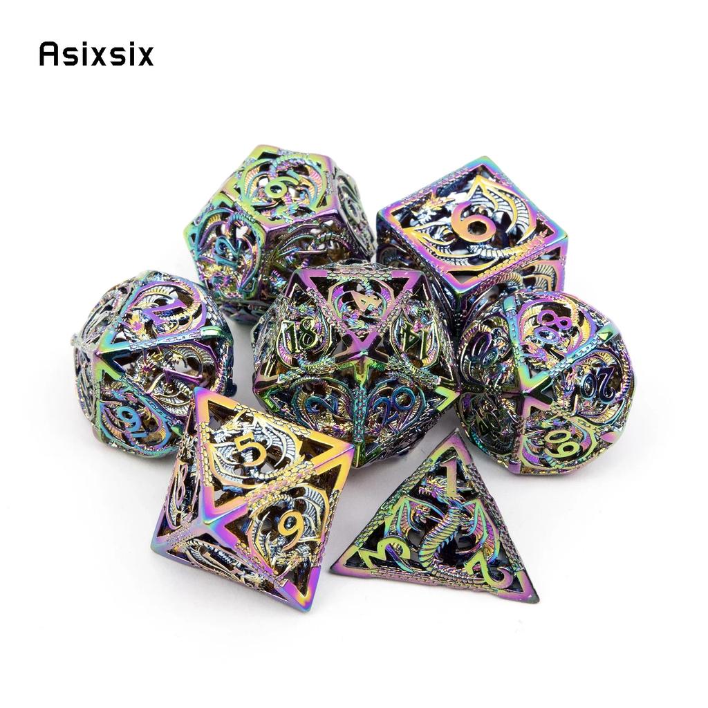 7 Pcs Silver Colorful Dragon Metal Dice Hollow Metal Polyhedral Dice Set Suitable For Role-Playing Game