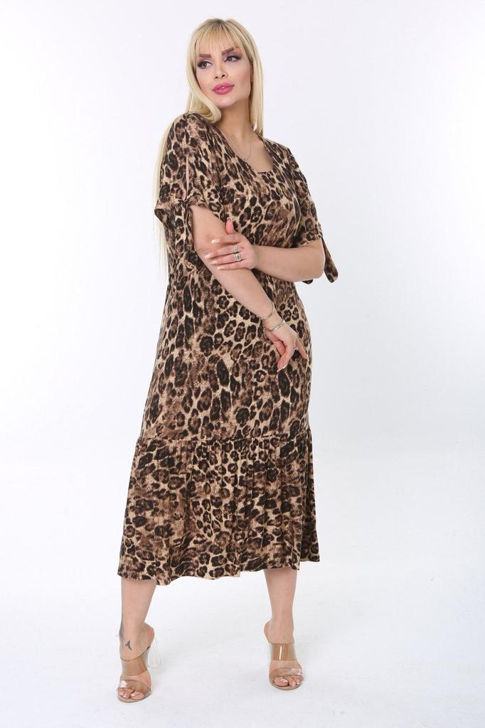 Women's Big Size Dress Plus Size Sleeves Rope Tie Leopard Pattern Dress