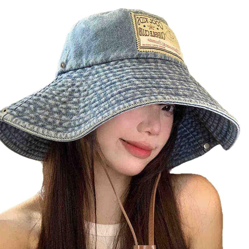Hut Damen Sonnenschutz Sonnenhut Hoher Sinn Großer Kopfumfang Gewaschener Denim Bucket Hat