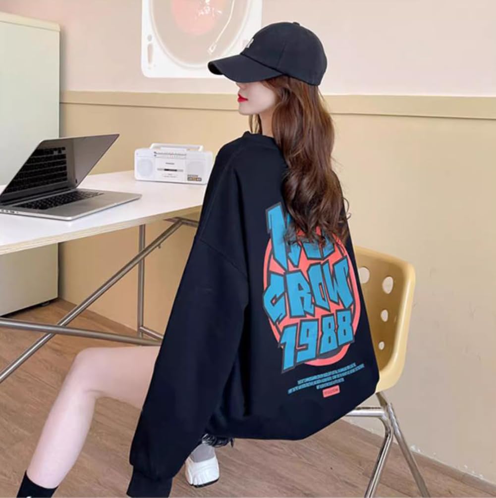 JIYUTOR Long Sleeve Loose Round Neck Pullover Plus Oversized English Stylish Korean Loose Fleece Size Women's Sweatshirt, Fit, Hoodie, Size,