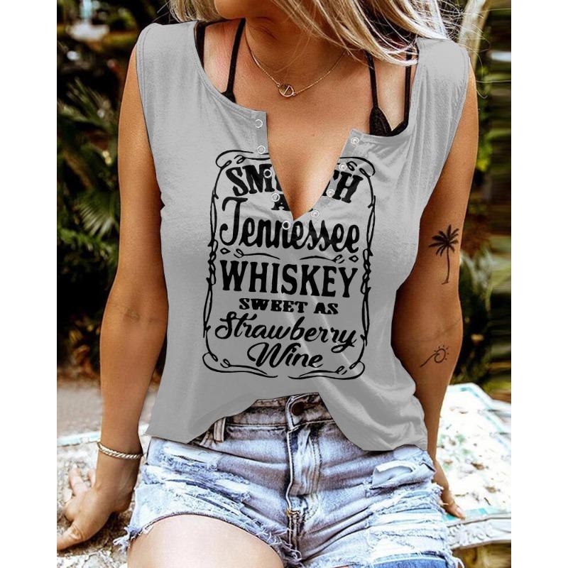 Zabawne T-shirty damskie bez rękawów z nadrukiem literowym i kolorowym dekoltem w serek