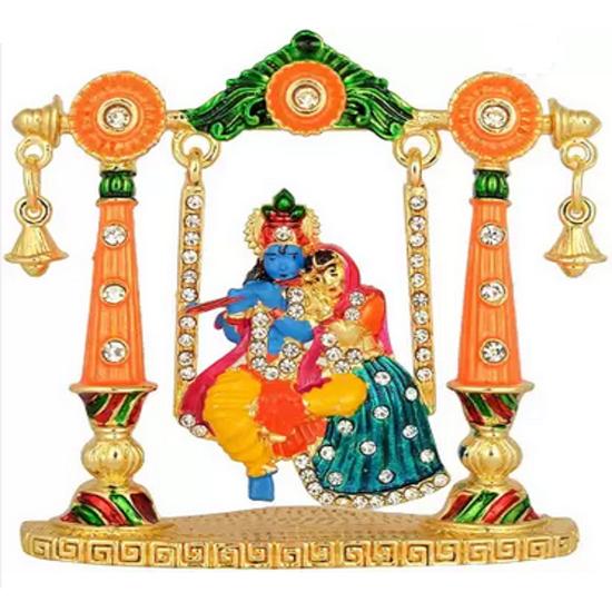 @ Indian Traditional Radha Krishna Idol On Jhula For Car Dashboard Multicolor