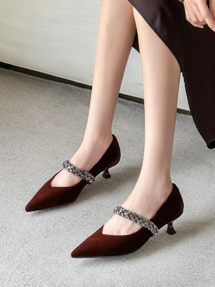 Golden Velvet Pointed Head Shallow Mouth High Heels Thin Heel Women's Rhinestone Comfortable Single Shoes 2025 Early Autumn New French High Sense