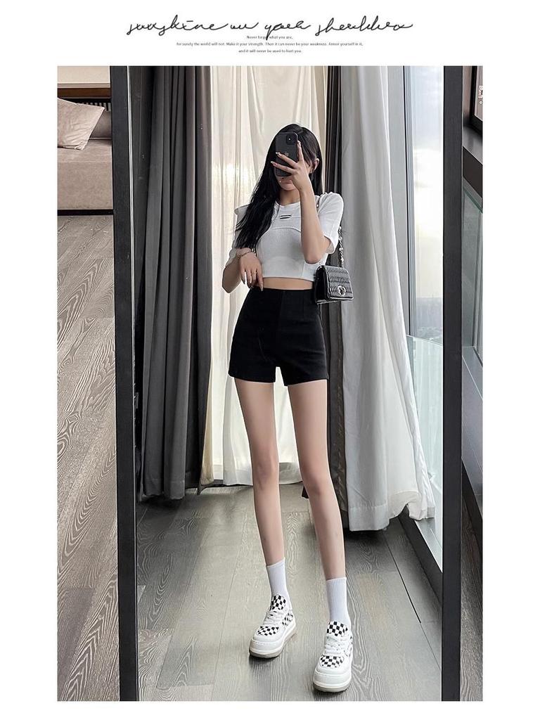 Women's High-Waisted Sexy Black Shorts - Slimming Korean Style, Petite Fit, Polyester, Spring/Summer Collection.