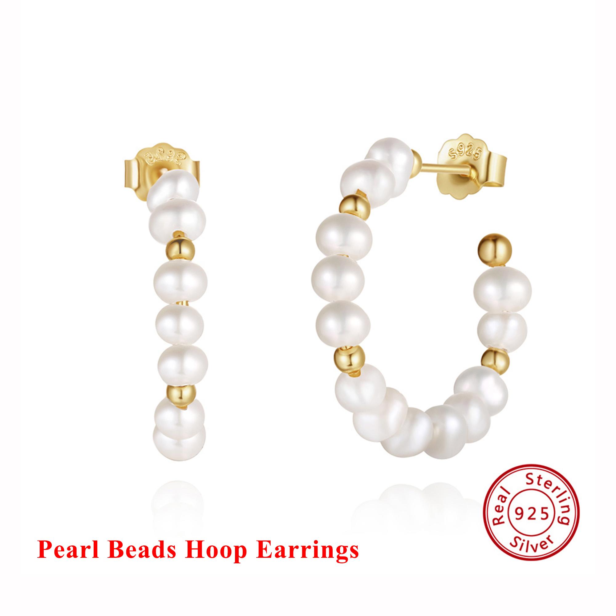 

Effie Queen High Quality 925 Silver 14k Gold Round Pearl Beads Ball Hoop Earrings Banquet Jewelry for Women Wedding Party GPE69