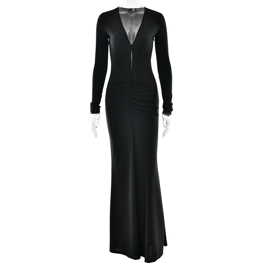 European and American fashion sexy pleated hollow slim dress, new long-sleeved deep V-neck hip-wrapped dress