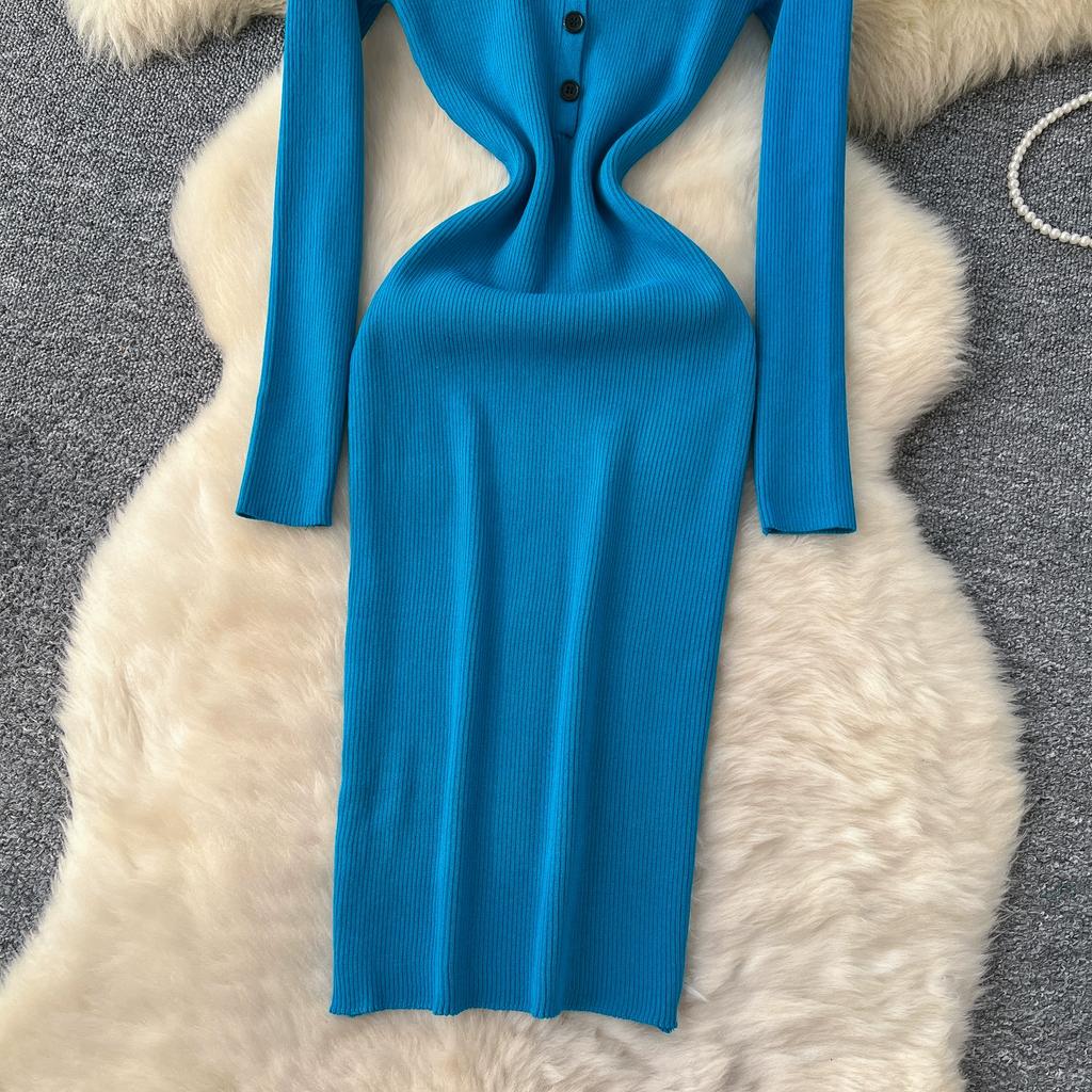 Φθινοπωρινό Χειμωνιάτικο Γυναικείο Κομψό Πλεκτό Πουλόβερ με Όρθιο Γιακά Εργασία Γραφείου Μακρύ Μίντι Στενό Φόρεμα Σωλήνας