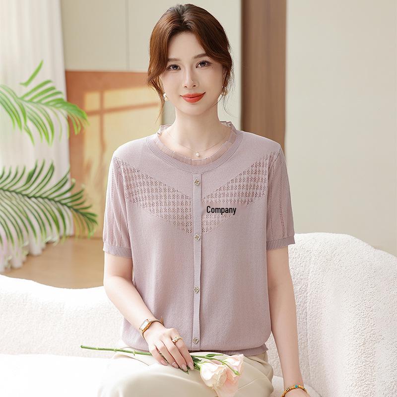 

New 2026 Summer Ice Silk V-Neck T-Shirt: Short Sleeve & Loose Fit for Moms, Anti-Aging Top for Middle-Aged & Elderly Women. 2XL (recommended 55-60 kg) светло-фиолетовый