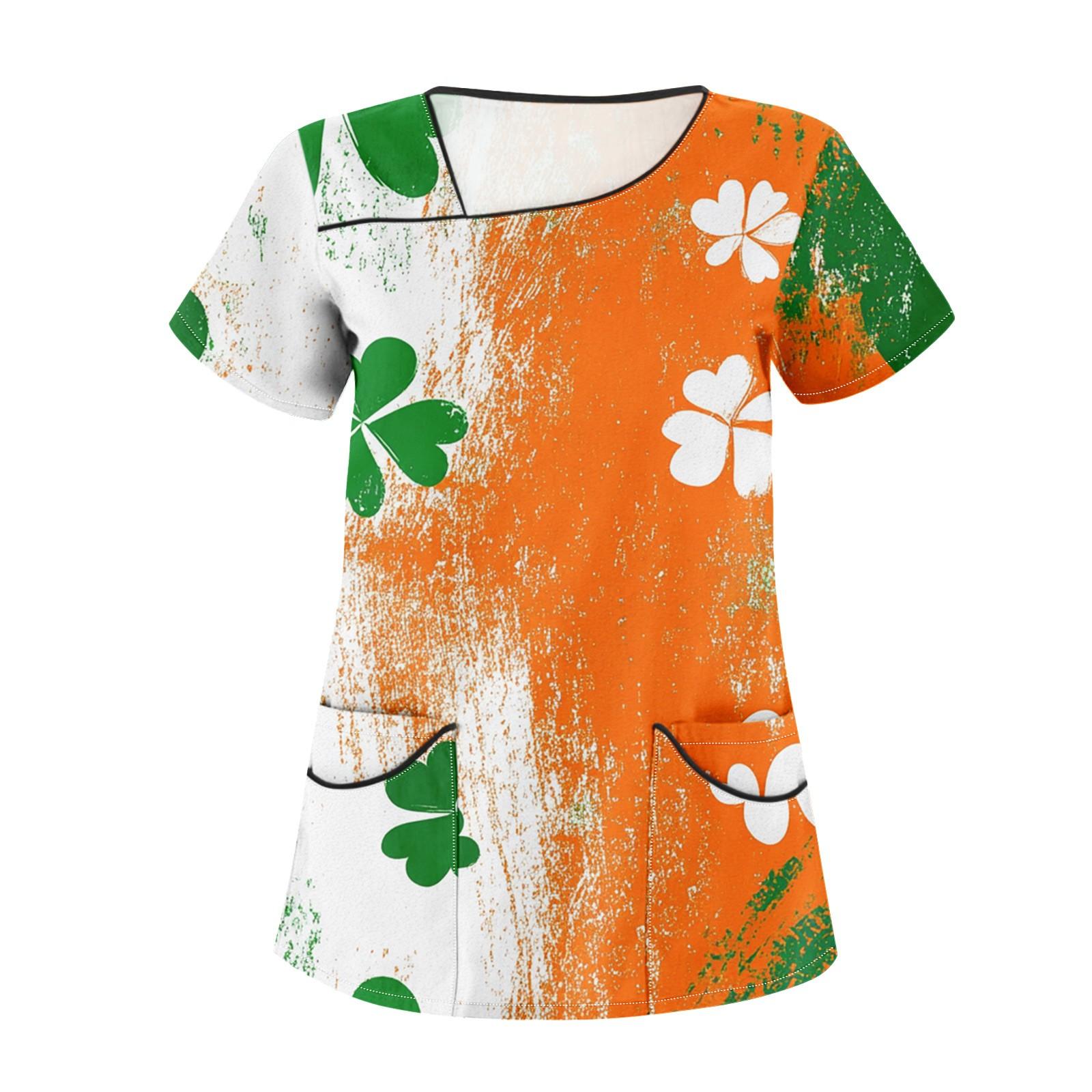 

Women s Printed Work Clothes With Skew Collar And Double Layer Pocket Basic Tops Pullover S оранжевый