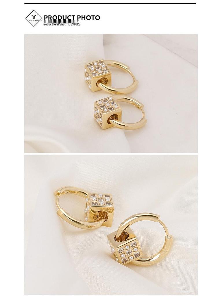 Diamond-Studded Rubik's Cube Earrings - Geometric Korean Design, Luxury Women’s Niche Accessory