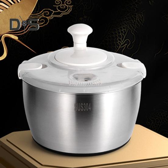 Salatschleuder aus Edelstahl mit Abtropfkorb, rutschfester Basis, Stoppknopf, großer 5,3-Quart-Gemüsetrockner