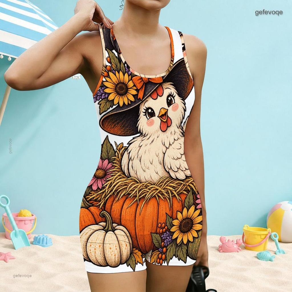 Women Plus Size White Square Neck Wide Straps One Piece Boyshort Swimsuit Ghost Pumpkin Print