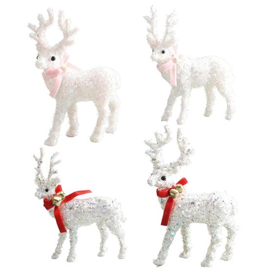 Christmas Reindeer Figurine Plastic White Elk Sculpture with Scarf Small Deer Statue Table Ornaments for Xmas Tabletop Mantel Shelf Decor