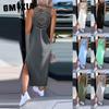 Women's Fashion Summer Spring Solid Color Print Sleeveless O-Neck Casual Dresses