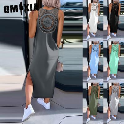 Moda feminina verão primavera cor sólida estampado sem mangas vestidos casuais com decote em O