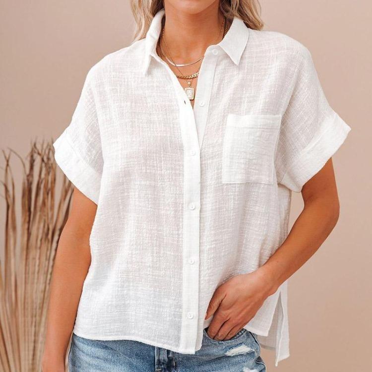 Plus Size Womens Summer Blouse Short Sleeve Button Up Shirt Turn Down Collar Solid Color Top with Pocket
