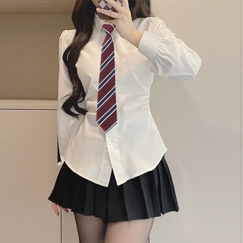 

Белая рубашка с регулировкой по талии, женские топы, длинный рукав, весенняя одежда, женский костюм JK, новинка 2025 года, маленькая плиссированная юбка One-piece white shirt S