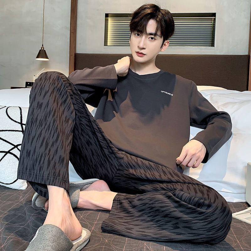 New Men's Pajamas Pure Cotton Spring Autumn Long Sleeved Sleepwear Striped Youth Winter Casual Homewear Pullover Loungewear