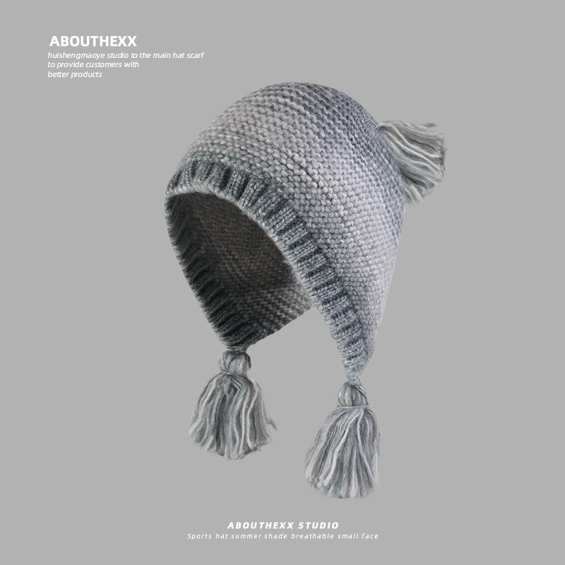 

Rainbow Gradient Braided Wool Hat for Women Winter Showing Face Small Warm Lei Feng Hat Sweet Big Head Circumference Knitted Pullover Hat M（56-58cm）