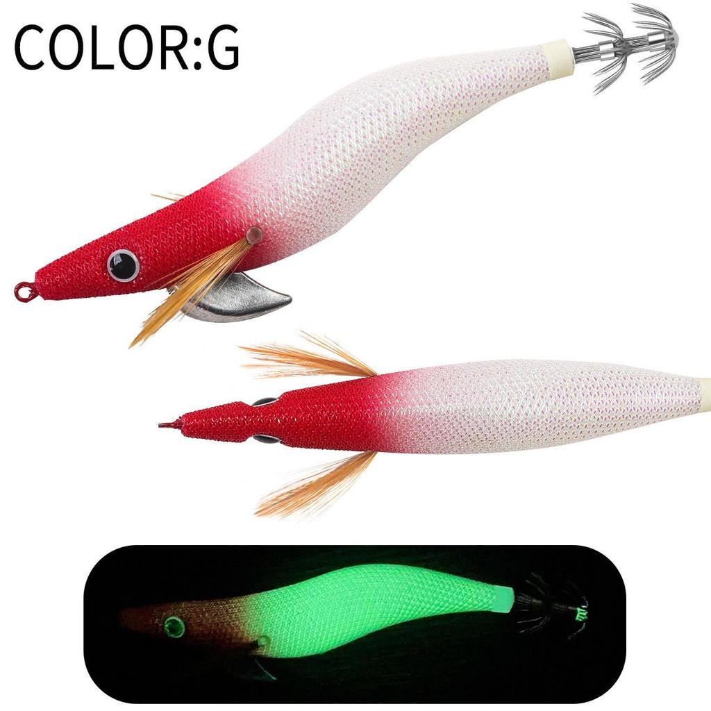 SQUID KING Luminous Wooden Shrimp Squid Hook - Sizes 2.5, 3.0, 3.5 with Rapid Current Lead Head & Rattle for Deep Water.