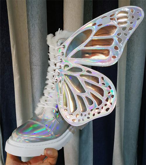 Butterfly Wings Women Shoes Shine Silver Leather Flat Sneakers Lace Up Women's Ankle Boots High-top Leisure Platform Shoes
