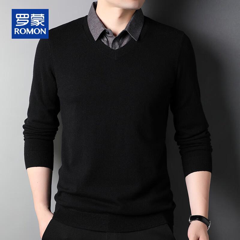 ROMON Men's 100% Pure Wool Fake Two-Piece Knit Sweater