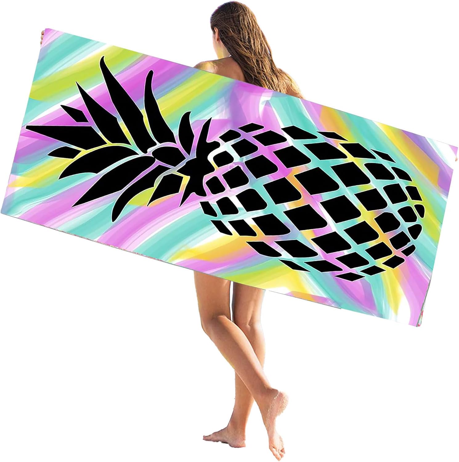 

Pineapple Print Beach Towels Microfiber Tropical Fruit Swim Towel Quick Dry Sand Free Bath Blanket for Women,Black Pineapple W40*H60(CM)