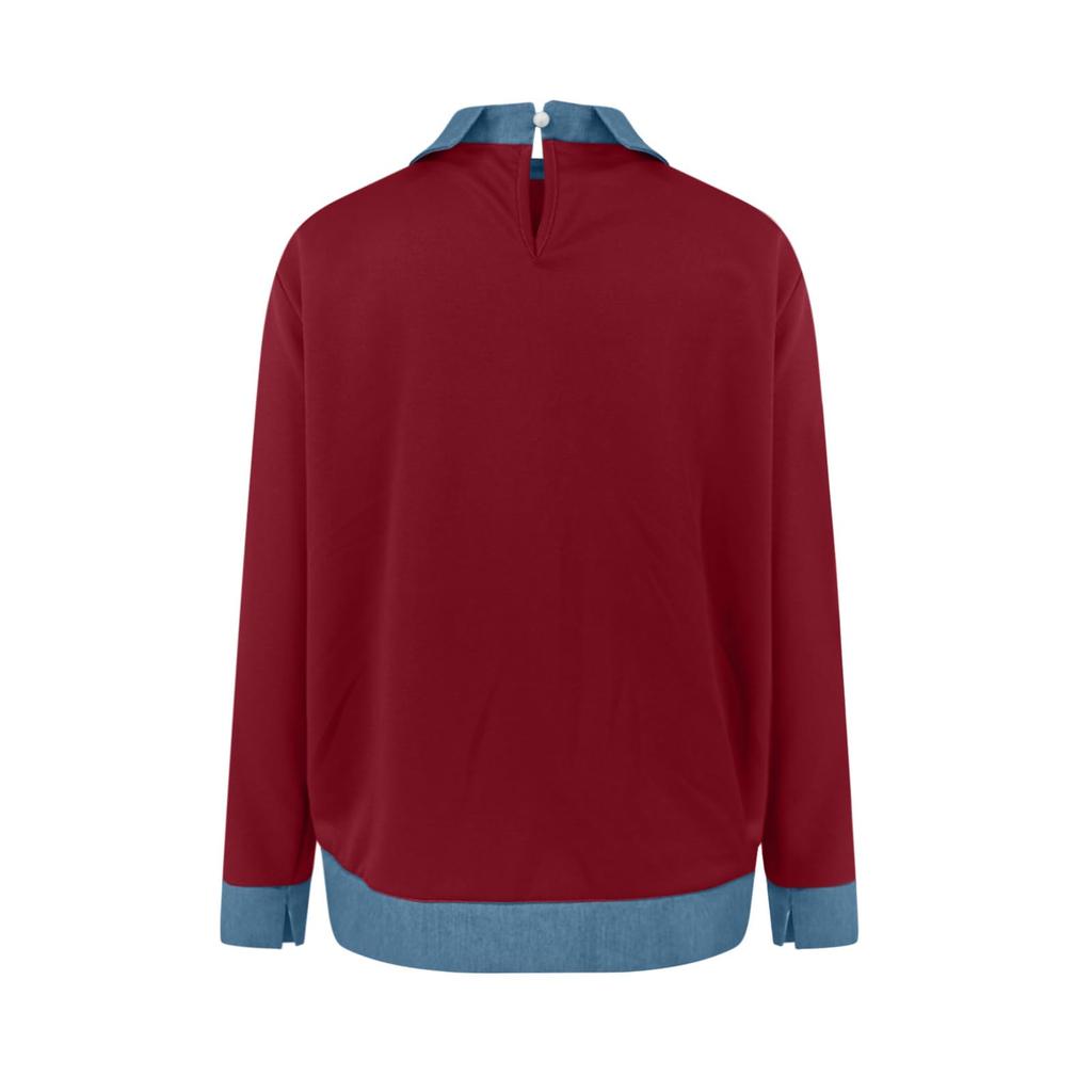Women's Color Long Sleeve Sweatshirt with Denim Panels Casual Top