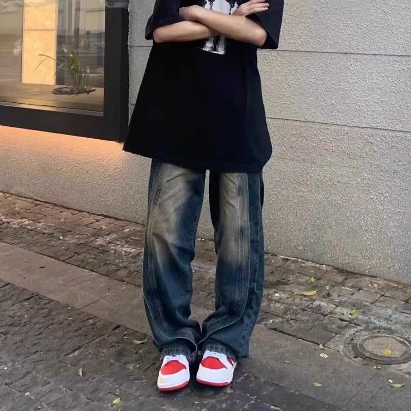 Джинсы мужские JYL Винтажные Стирка с потертостями Рваные Свободные Прямые Широкие Штанины Деним S