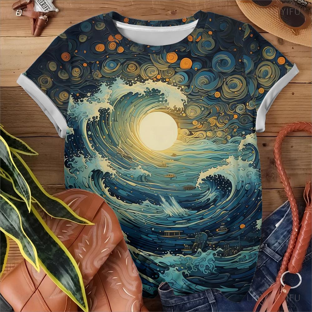 Fashionable Ocean Style Wave Moon Printed Daily Casual Women's Summer Versatile Short Sleeved T-shirt Pullover Y2K Streetwear