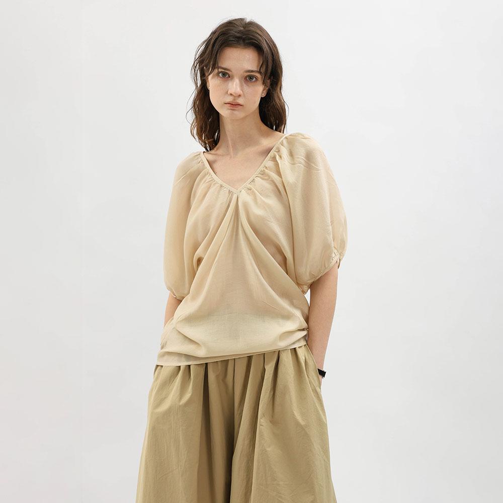 WEDNESDAY DELIGHT Wd_Drape Neck Puff Sleeve Blouse_2Color