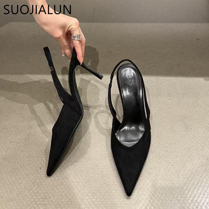 Fashion SUOJIALUN Spring New Brand Pointed Toe Women Sandal Fashion Thin High Heel Outdoor Dress Slingback Shoes Thin High Heel Pumps