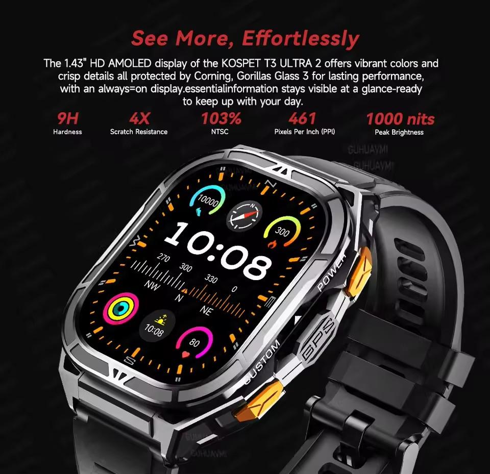 TREX3 Built-in GPS Smart Watch 10ATM Waterproof Compass 530mAh Battery Bluetooth Call 70+sports Modes Men Watches 1.96-inch AMOLED HD Smartwatch