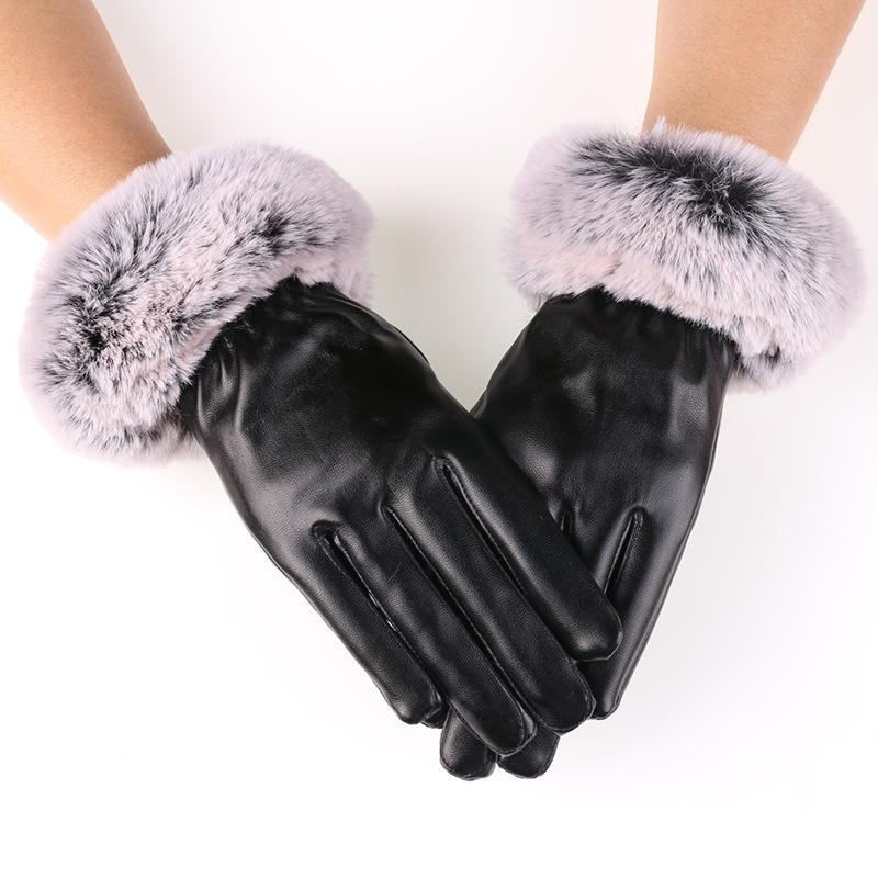 Winter women's thermal gloves leather velvet warm cold driving riding rabbit fur mouth winter touch screen leather gloves