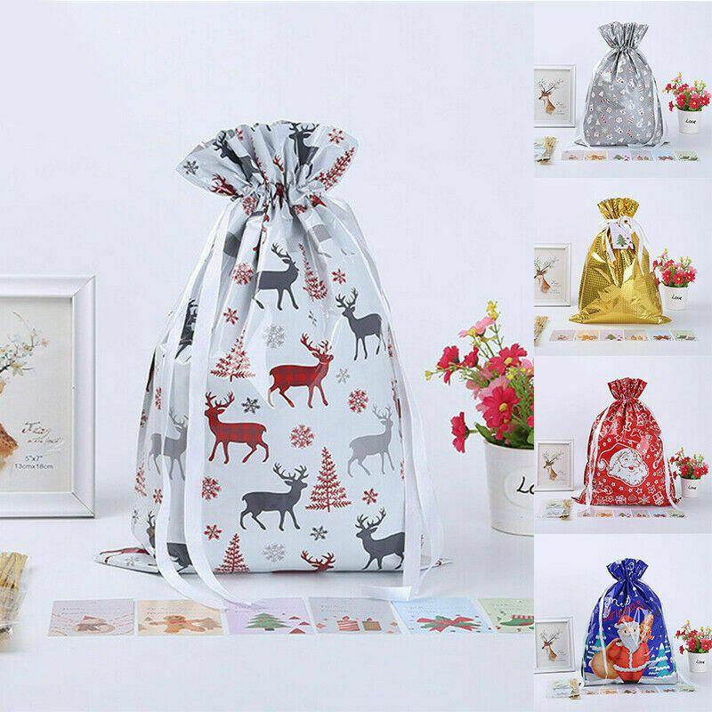 5pcs Christmas Sacks Reusable Drawstring Gift Bags With Cute Holiday Designs