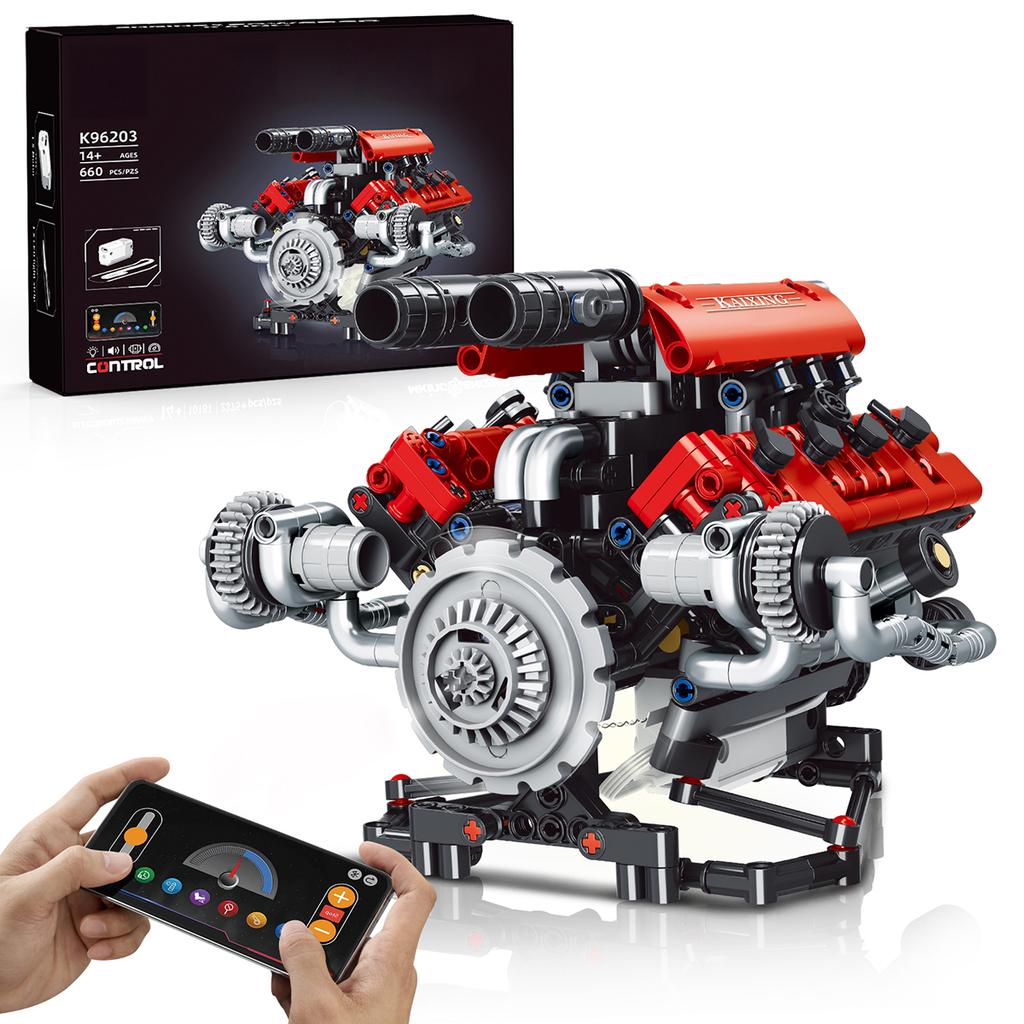 653PCS Red V8 Engine Building Blocks Set LED APP Programming Motor Drive Supercar Engine Bricks Toys for Adult Kid Gift