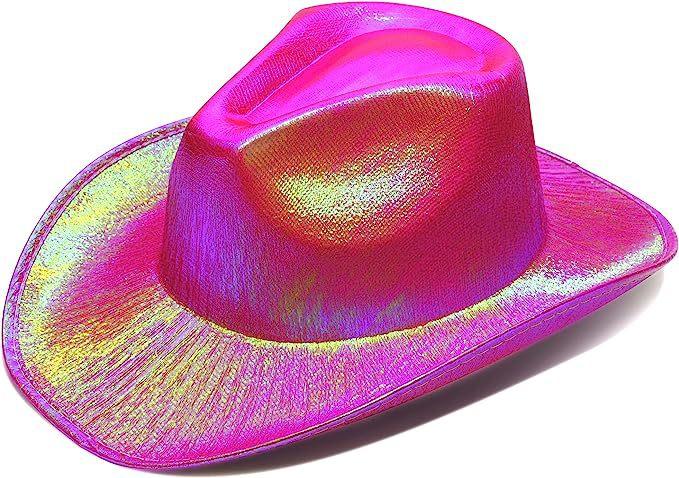 Neon Glitter Space Cowboy Hat - Fun Metal Holographic Party Disco Cowgirl Hat