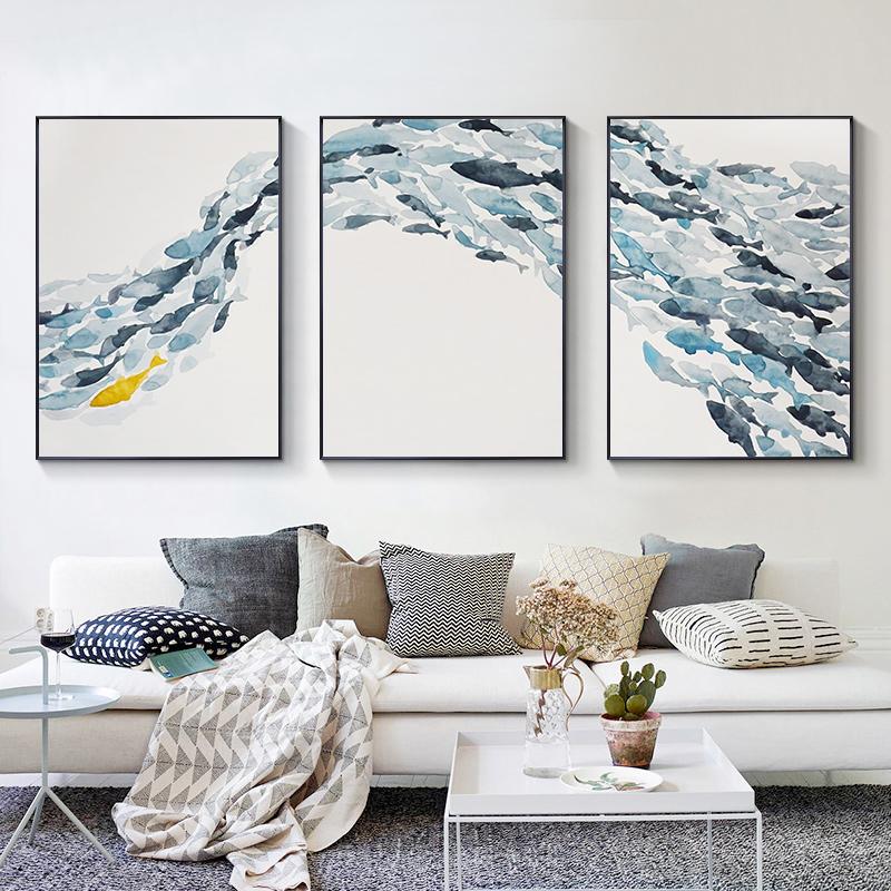 School of Fish Blue Watercolor Decor Nordic Poster Print Minimalist Wall Art Canvas Painting Picture Living Room Home Decor