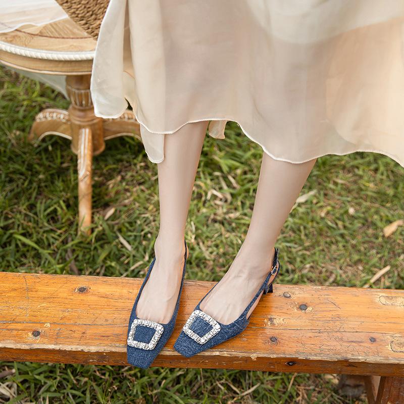 Niche design bag head sandals women's rhinestone square buckle outer wear thick heel high heel single shoes one-word buckle belt