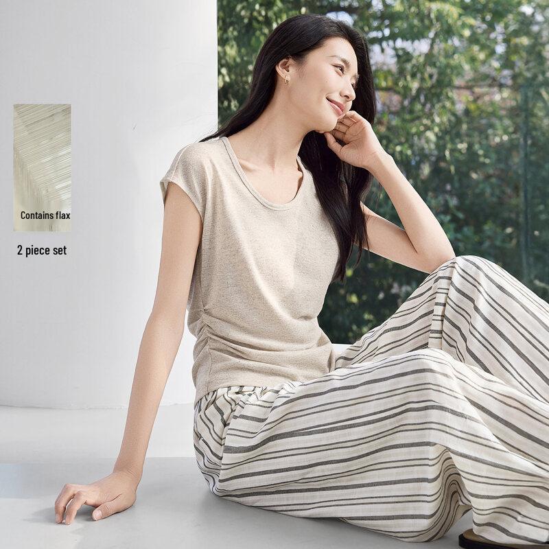 IHIMI Women s Linen Blend U-Neck Pleated T-Shirt and Striped Pants Set S