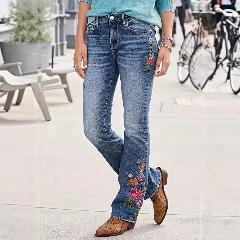 VibeStreet Jeans Donna Boot Cut Pantaloni a Zampa Stretch Vita Media Ricamo Pantaloni a Grandezza Naturale Denim Lavato Usurato Streetwear